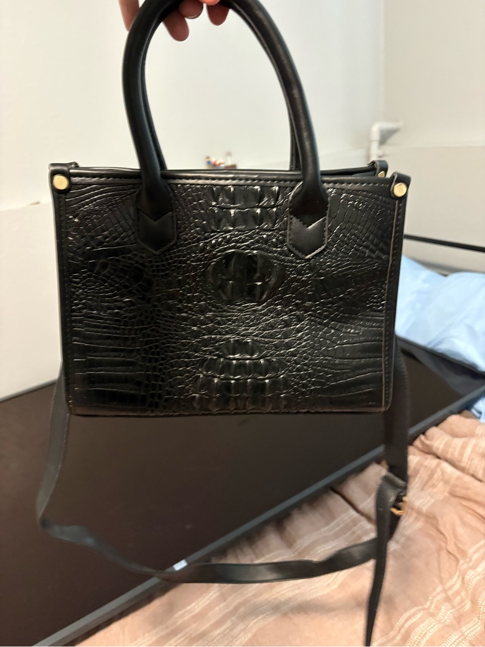 Black Croc-Embossed Structured Satchel Handbag - Brand Unspecified